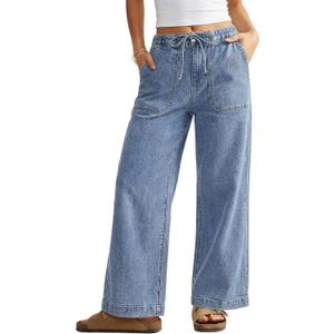 GRAPENT Wide Leg Jeans for Women Trendy High Waisted Drawstring Tie Elastic Waist Stretchy Denim Pants Trouser Jeans (Blue, L)