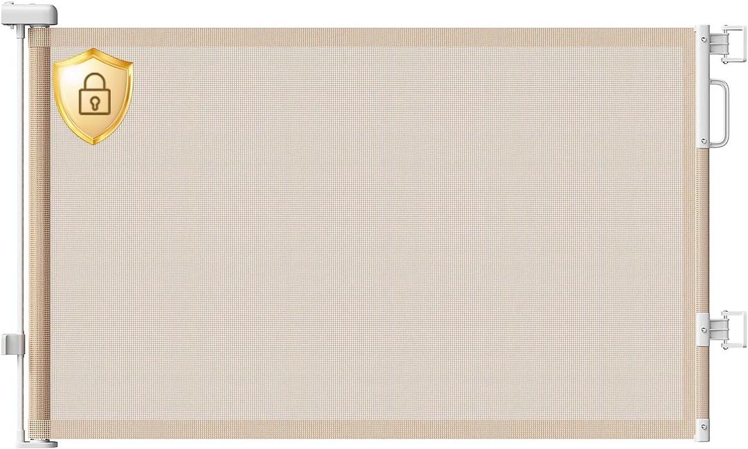 Retractable Baby Gate for Stairs, 55" Wide Mesh Dog Gate Indoor, 34'' Tall Child Gate for Doorways, Hallways, Deck, Indoor Outdoor Pet Baby Safety Essentials for Home, Beige