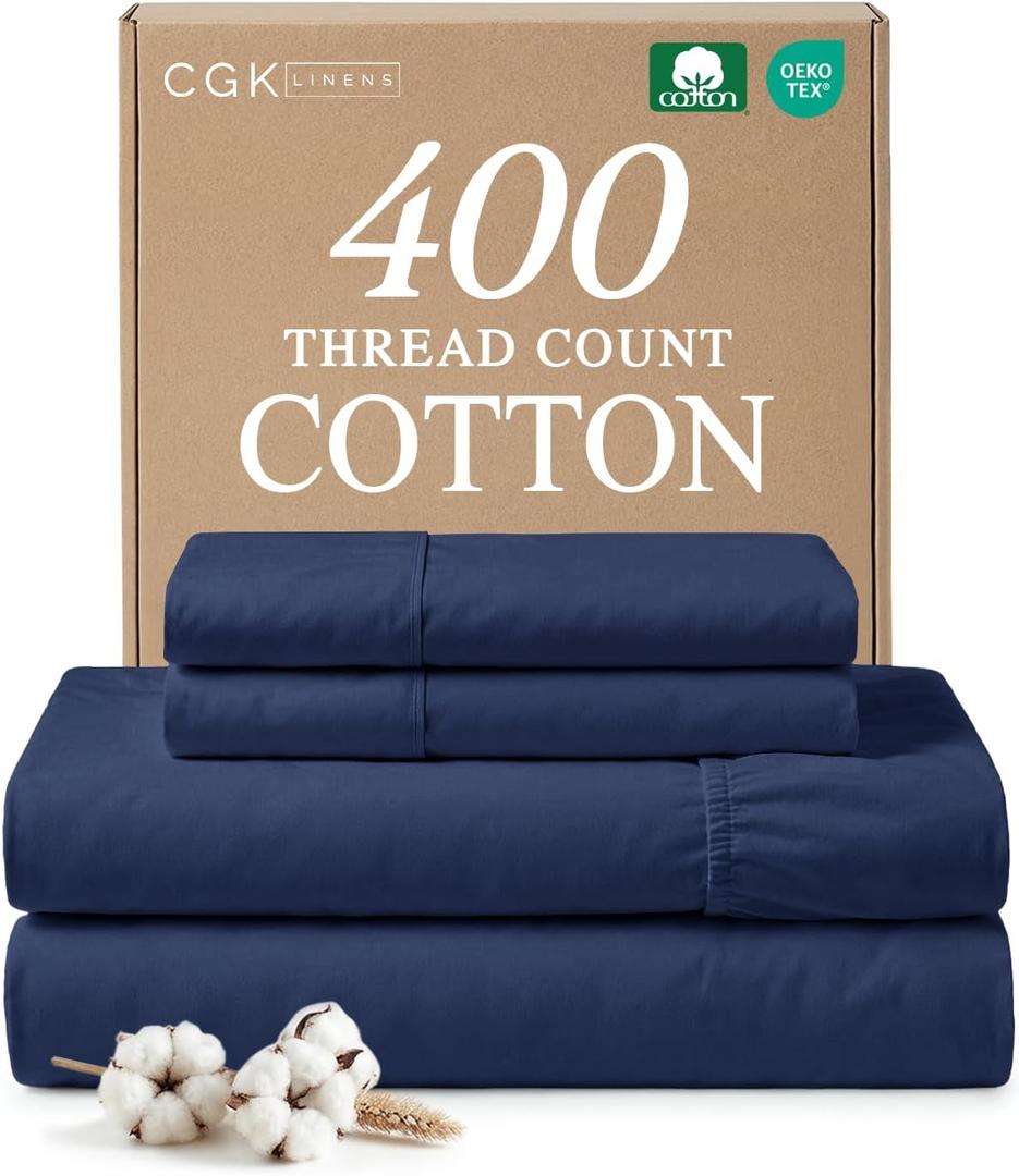 Queen Sheet Set - 100% Cotton Sheets - 4 Piece Queen Size Cotton Bed Set with Deep Pockets up to 16 Inches - Ultra Soft, Breathable & Cooling - Fade and Stain Resistant - Machine Washable - Navy Blue