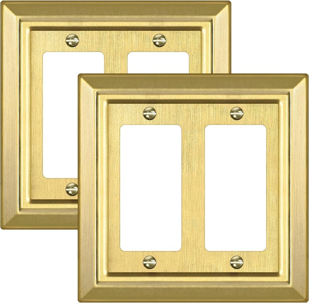 Metal Wall Plate for Electrical Outlets, Decorative Brass Gold Switch Plates Outlet Cover, Light Switch Cover Plate, 2-Gang Wall Plates (Double Decorator, 2 Pack)