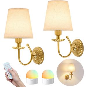Wireless Wall Sconces Set of Two 14"H, 5300mAh Battery Operated Wall Sconce, Rechargeable Bulbs with Remote, 15 Colors Dimmable Wall Sconces with Fabric Shade for Bedroom Living Room(Brushed Gold)