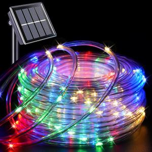 YEGUO Solar Christmas Light Outdoor Waterproof, 66ft 200 LED Multicolor Rope Lights, 8 Modes Tube String Lights in Clear Thin Tube
