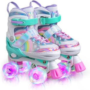 SULIFEEL Rainbow Unicorn 4 Size Adjustable Light up Roller Skates for Girls Boys for Kids (Large - Youth)