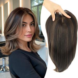 Synthetic Hair Topper with Bangs 14 Inch Hair Toppers for Women 5.5" x 5" hand Tied Forehead Hairline 360 3D Cover Wispy Synthetic hair toppers for thinning hair in Blunt Wispy Bangs