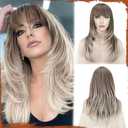 SOFEIYAN Long Straight Layered Wig with Bangs 24 Inch Synthetic Natural Hair Wig Soft Heat Resistant Long Wigs for Women Daily Party Use (Brown Blonde Ombre)