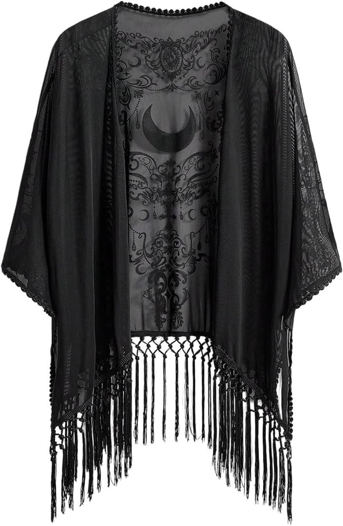 BEAUDRM Women's Goth Tassel Kimonos Boho Hippie Whimsical Fringe Sheer Mesh 3/4 Sleeve Shawl Poncho Cardigan Tops, XL