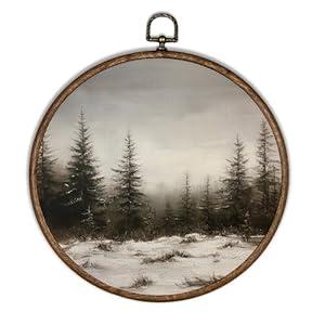 XBBMGG Vintage Winter Forest Christmas Wall Art Decor, Christmas Round Wall Hanging Decor, Farmhouse Rustic Winter Scene Landscape Framed Canvas Prints for Home Bedroom Decorations, 10x10inch
