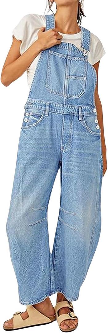 Yoeasy Womens Denim Bib Overalls Barrel Wide Leg Baggy Adjustable Strap Denim Pants Jumpsuits with Pockets (Large, Light Blue