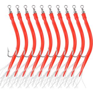 2 x OROOTL Striped Bass Tube Lures, 10pcs Classic Striped Bass Lures Saltwater Fishing Trolling Lure Rig Glow Tube Teaser with Stainless Steel Hook Barrel Swivel for Offshore Big Game Fishing (Red)