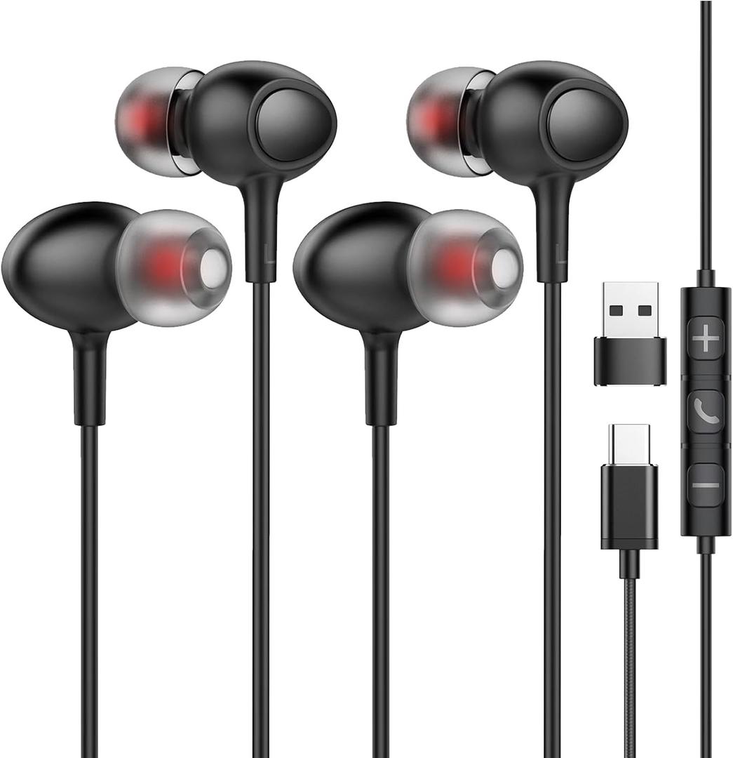 2 Packs Wired Earphones USB Type C Headphones for iPhone 16/15 Pro Max Laptop PC with Microphone, Noise Isolation Headset Compatible for Google Pixel 7 6a iPad Pro Samsung MacBook
