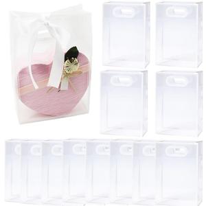 TUICARE 12 Pcs Clear PVC Gift Bags with Die Cut Handles Reusable Transparent Plastic Gift Bags With Ribbon for Wedding Bridal Christmas Birthday Party Valentines Shopping Business (White)