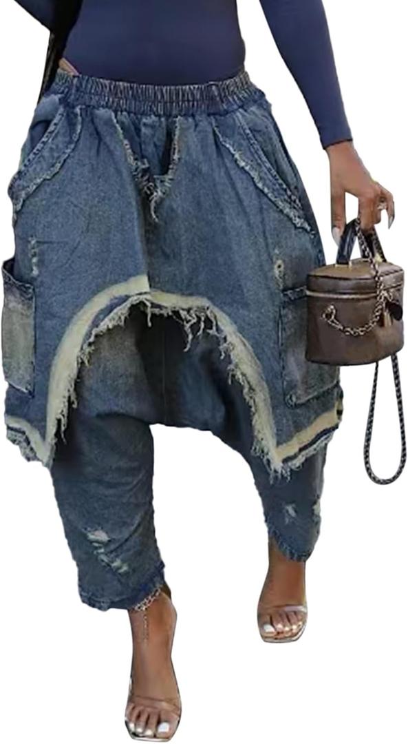 LETSVDO Womens Baggy Harem Jeans Elastic Waist Wide Leg Barrel Cargo Patchwork Ripped Hippie Cropped Denim Jogger Pants (Small, Blue)