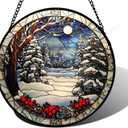 Stained Glass Window Hanging Christmas Tree Winter Snow Night Scenery 7.8" - Suncatcher Door Garden Kitchen Sun Catcher Home Decor Birthday for Mom Men Woman Friend (White)
