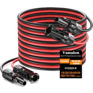 Vansdon 2x70 Feet Solar Panel Extension Cable, 10AWG Solar Cable, Solar Panel Cable with Female and Male Waterproof Connectors for RV, Photovoltaic Systems (70FT Red + 70FT Black)