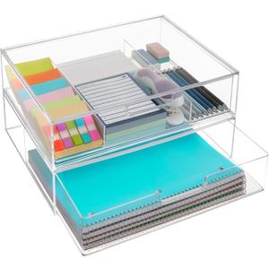 STORi STAX Plastic Stackable Organizer Drawers (Set of 2) Clear | 12.5" Wide | Set Includes One Open Drawer & One Divided Drawer | Organize Office Desk Accessories & Sort Paper | Made in USA