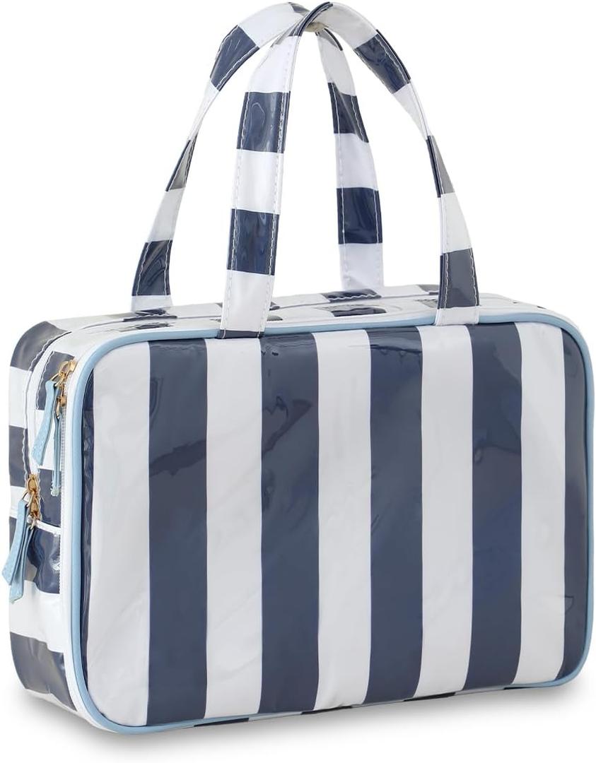 Travel Toiletry Bag for Women, Waterproof Clear Coated Portable Stripe Makeup Cosmetic Bag with Compartment, Travel Organizer for Shampoo, Conditioner, Brushes Set,Cosmetic Accessories(White-Navy)