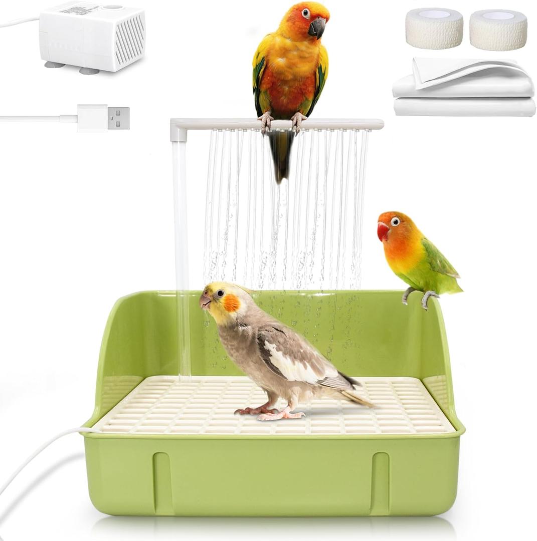 Automatic Parakeet Bird Bath with Pump, Large Bird Shower Fountain Indoor Bathtub with Running Water, Parrot Bath Tub Faucet for Pet Birds, African Grey, Cockatiel, Conure, Budgie, Lovebird (Square - Green)
