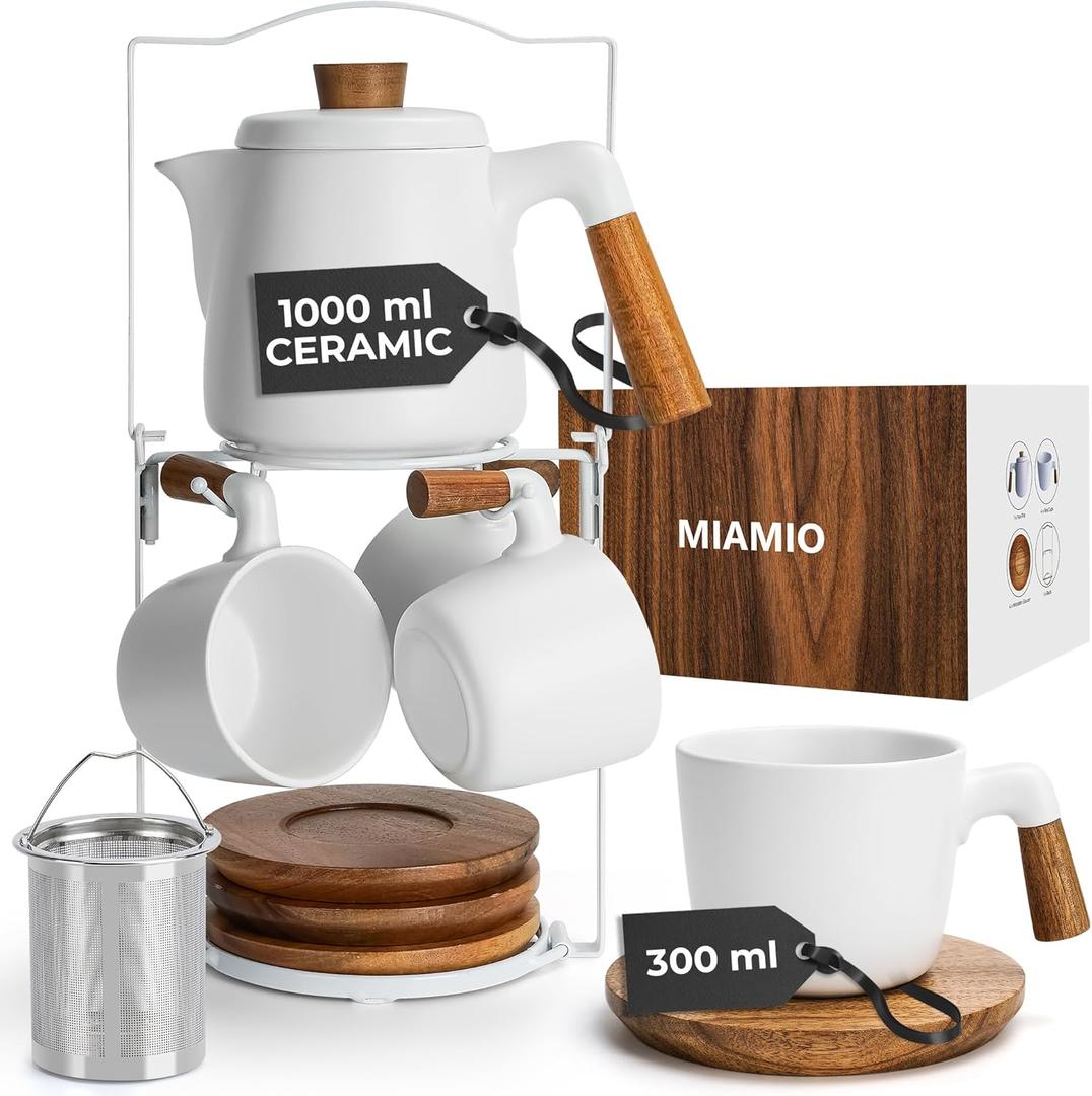 MIAMIO 34 Oz Ceramic Tea Pot Set with Infuser and Cups/Tea Strainer, 2 Ceramic Tea Mugs (10 Oz), Bamboo Saucers/Handle for Home and Office (White)