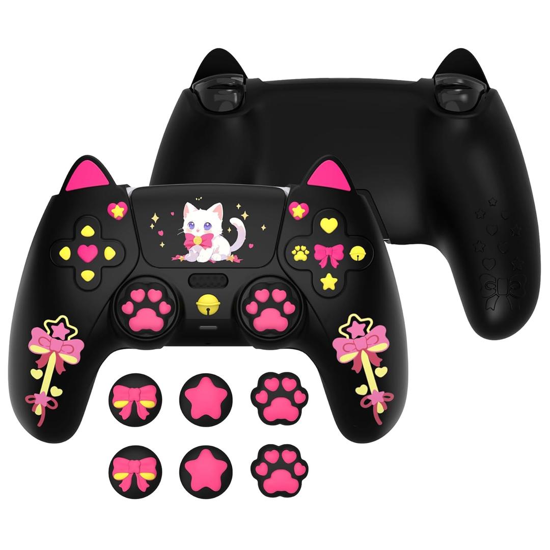 PlayVital Sweetheart Kitty Silicone Cover for ps5 Controller with 6 Joystick Caps and 6 Sticker, Soft Anti-Slip Full Protection Grip Skin Compatible with ps5 Charging Dock - Black