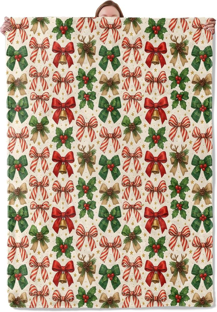 Christmas Bow Blanket Gifts for Women Adults Girls Kids, Funny Elegant Red Green and Gold Holiday Bows Flannel Blankets for Bedroom, Camping, Couch, Room Decor, Fuzzy Warm Soft Cozy 50 x 60 in