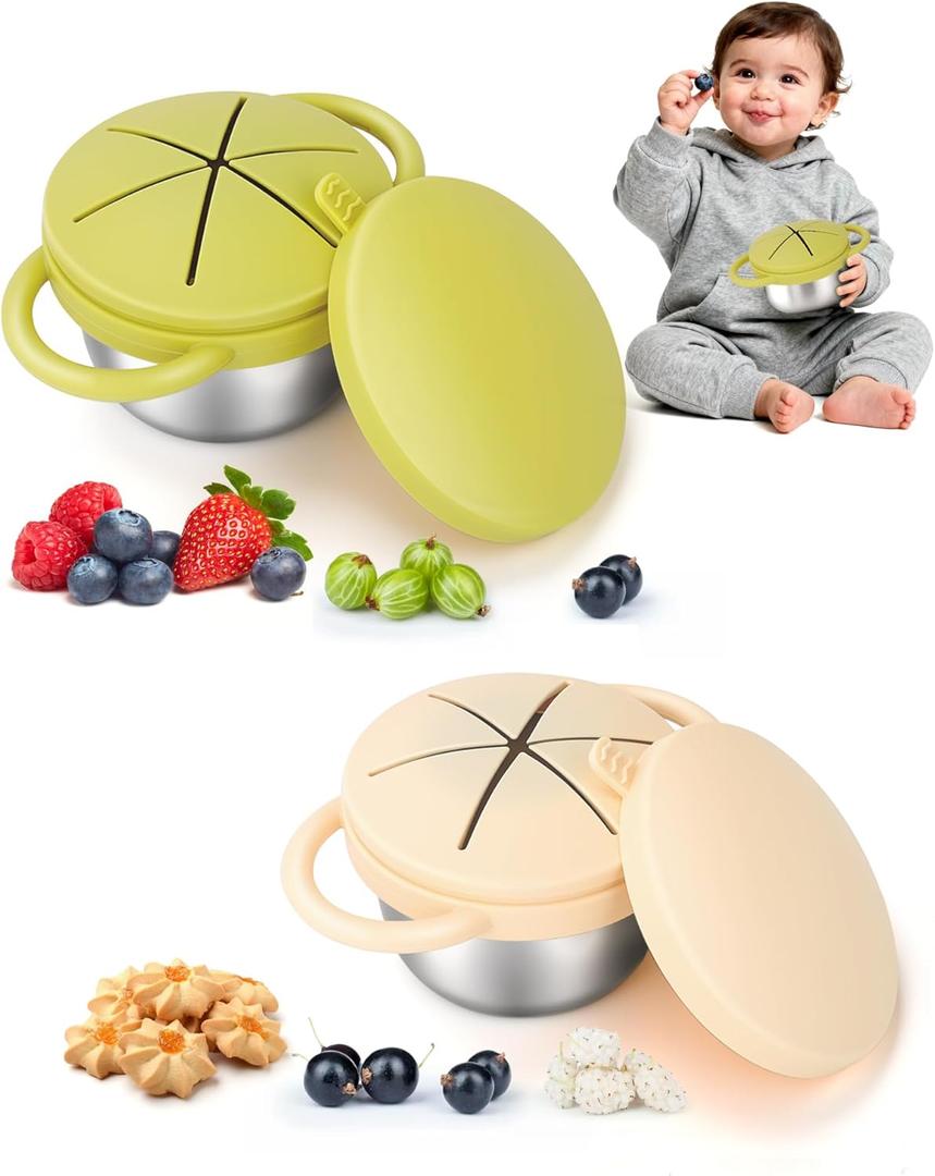 2 Pack Stainless Steel Snack Cups for Toddlers Spill Proof, Toddler Snack Containers with Spill-Proof Silicone Lids & Handles, Dishwasher Safe Perfect for Mess-Free Snacking (Yellow+ Beige)