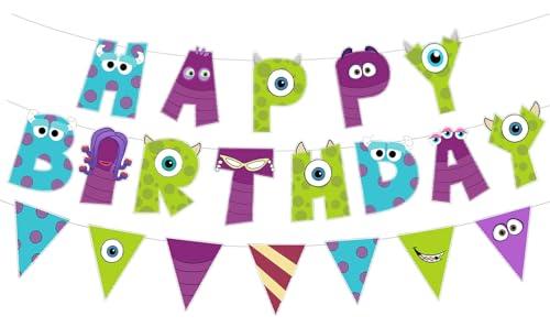 3 Pcs Monster Birthday Banner and Garland - Cute Monster Theme Party Decorations for Kids Birthday, Baby Shower, Boys Girls Celebration Supplies