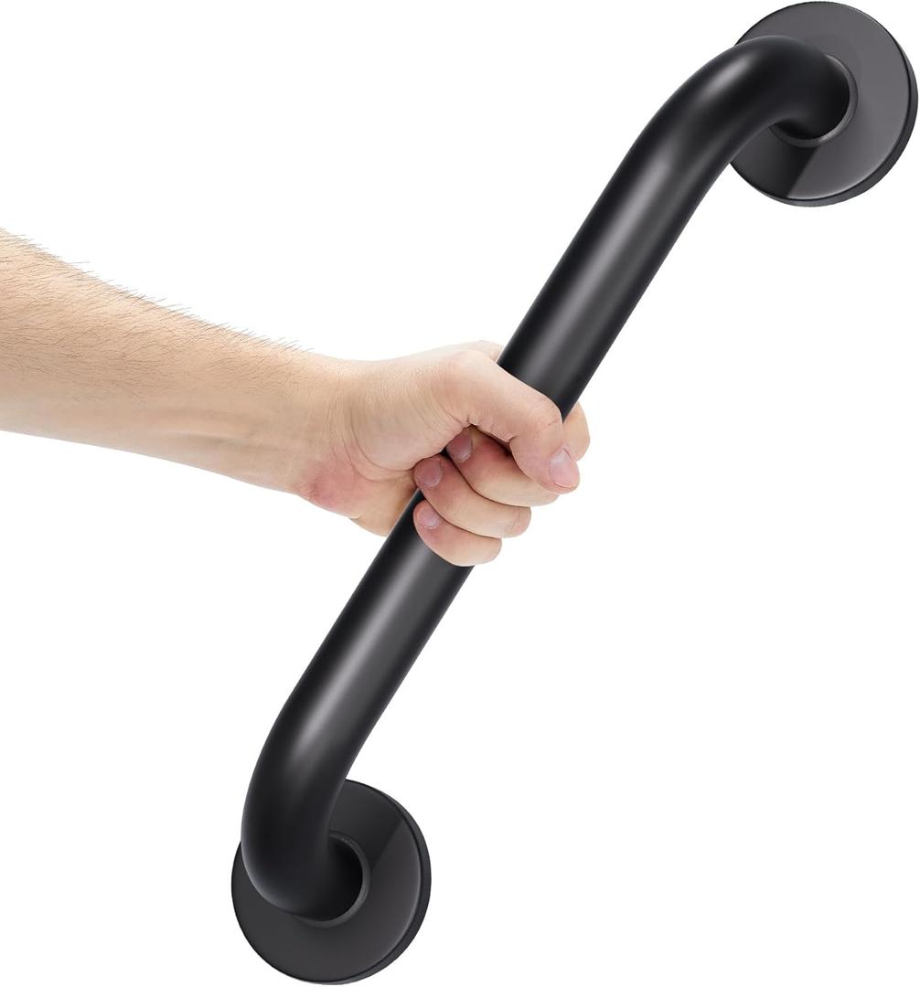 AmazerBath Shower Grab Bars for Seniors Anti Slip, Bath Safety Grab Bar for Needy, Stainless Steel Bathroom Safety Grab Bars, Thickened Bar Bigger Base Holds 500LBS, 16" L x 1.25" D, Black (Matte Black)