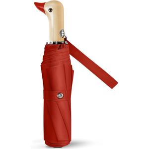 Cute Duck Umbrella Automatic - Compact Pretty Pocket Size Strong Duck Collapsible Umbrella Yellow Wooden Handle for Women (46inch, 04.Red)