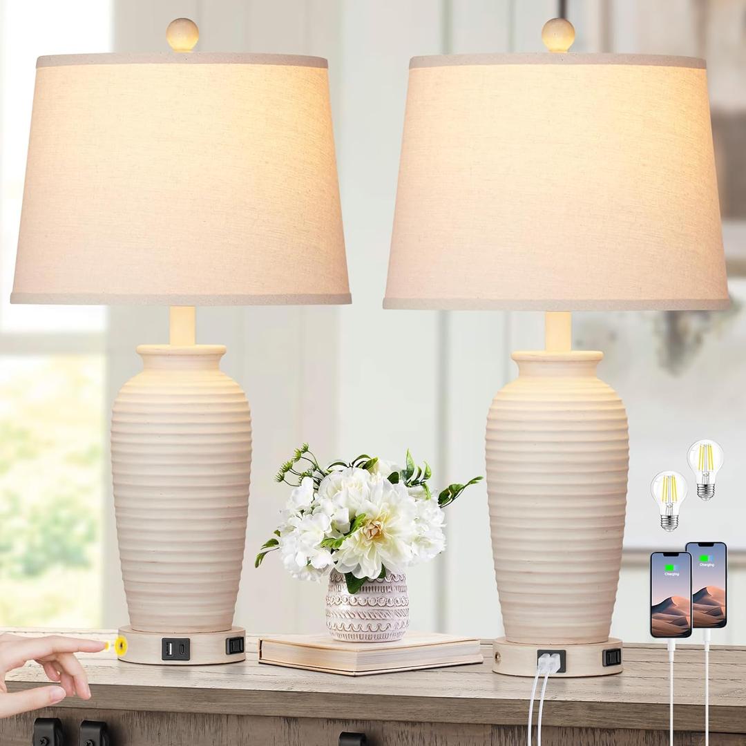 24.3" Farmhouse Jar Table Lamps Set of 2, 3 Way Touch Control Rustic Bedside Lamps with USB A+C Ports & AC Outlet, Pot Nightstand Lamps for Bedroom Living Room (LED Bulbs Included) (Cream)