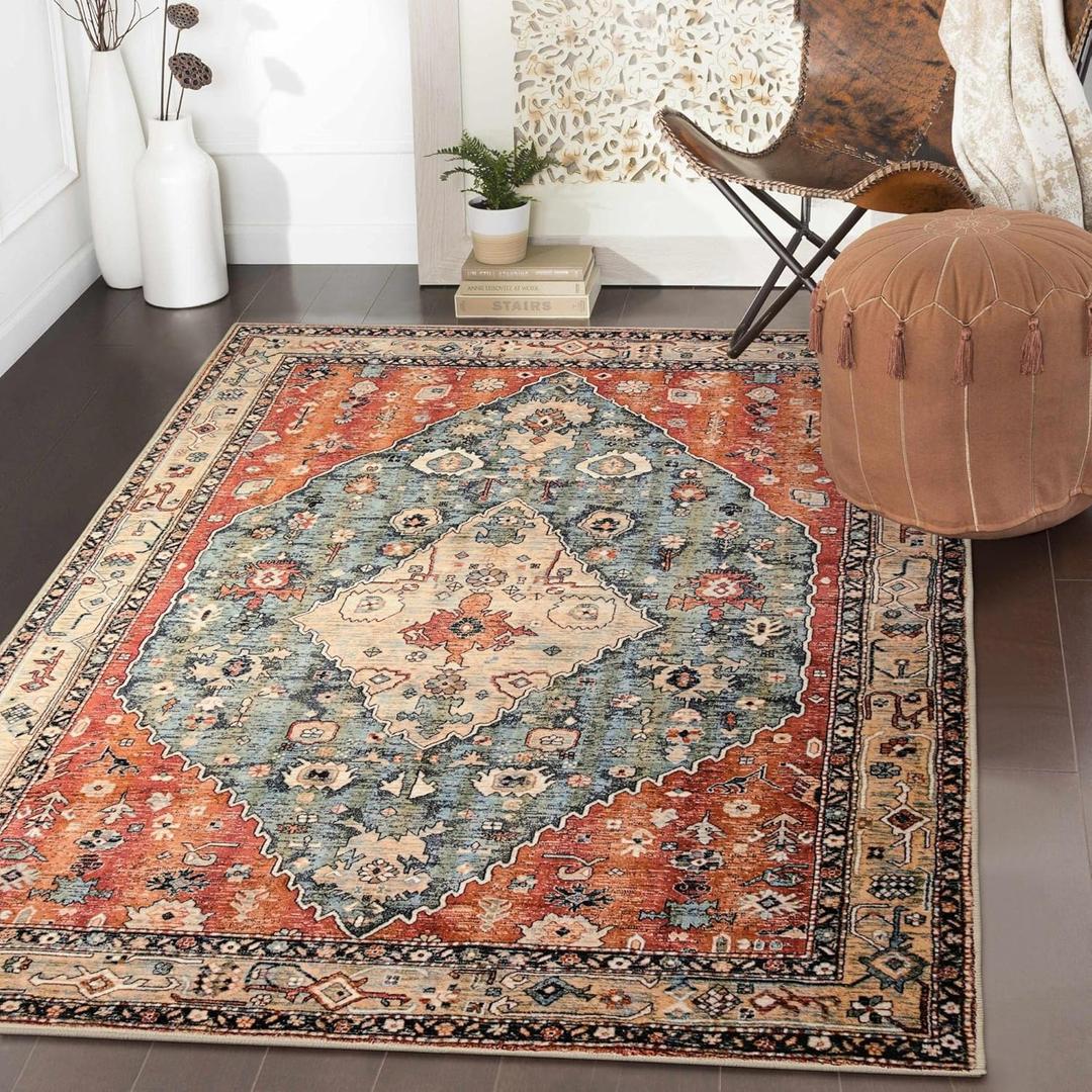 Lahome Boho Tribal 3x5 Washable Entry Throw Rugs for Bedroom, Bohemian Entryway Kitchen Rugs Non Slip Washable, Indoor Low-Pile Carpet for Bathroom Living Room Dining Table (Rust/Dull Teal,3x5ft) (3' x 5', Geometric Tribal)