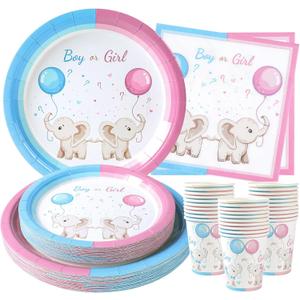 Baby Gender Decoration Kit 96 Pieces, Pink and Blue Plates Set, Boy or Girl Elephant Cups