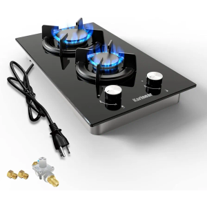 Karinear Gas Cooktop 2 Burner Propane Cooktop, 12 Inch LPG/NG Dual Fuel Gas Stove Top, Built-in Tempered Glass Gas Cooktop for Apartment, Indoor, RV