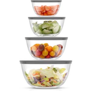JoyJolt Kitchen Mixing Bowls - 8pc Glass with Lids Set – Neat Nesting Large Bowl Batter Cooking Storage and Big Salad BPA-Free Gray