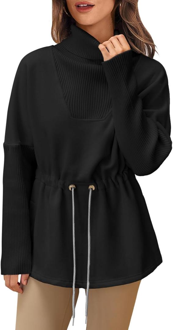Fisoew Women's Turtleneck Sweatshirts Fleece Drawstring Waist Casual Long Sleeve Pullover Sweater Side Slit Tunic Tops (Black)