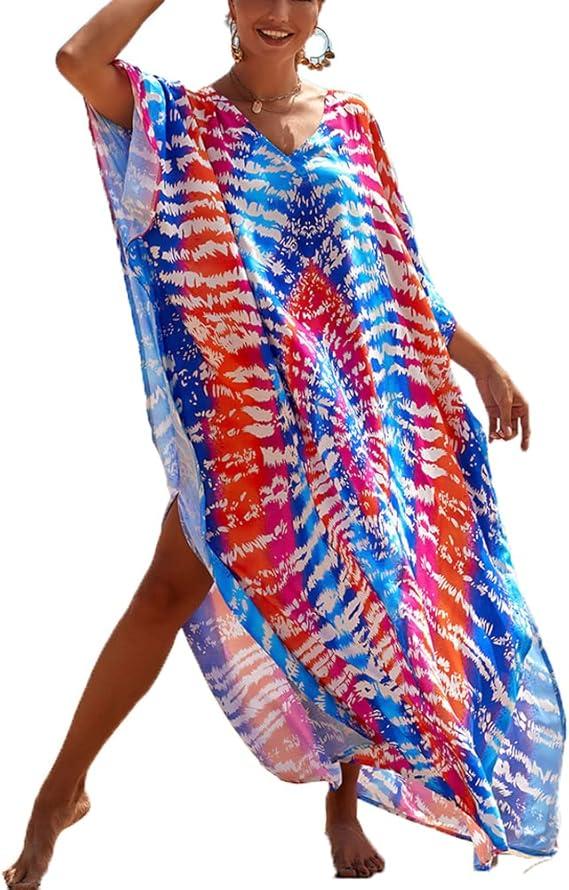 Women Colorful Geometric Beach Cover Up Loose Kaftan Dress Casual Beach Maxi Dress