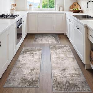 GENIMO Kitchen Rugs Sets of 3 Non Slip Washable Kitchen Mats for Floor, Waterproof Abstract Kitchen Runner Rug, Floor Mat Carpet for Hallway, Laundry, Sink, Entryway, Bathroom, Gray (20"x32"+20"x48"+20"x59", Grey)