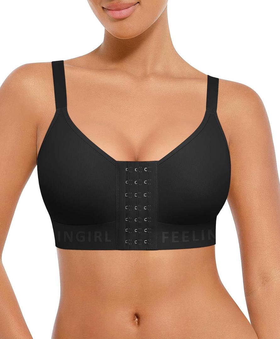 FeelinGirl Post Surgery Bras for Women Front Closure Mastectomy Bras Surgical Wireless Full Coverage Compression Bra (Large, Black)