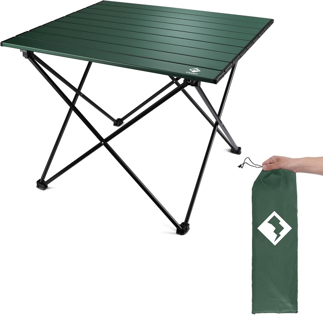 VILLEY Portable Camping Side Table, Ultralight Aluminum Folding Beach Table with Carry Bag for Outdoor Cooking, Picnic, Camp, Boat, Travel (Medium 19'', Green)