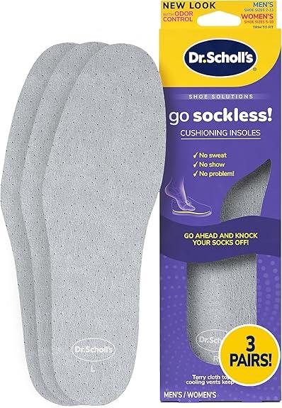 Dr Scholl’s Go Sockless! Cushioning Insoles for Women Men Unisex, 3 Pairs, Trim to Fit Absorbs Moisture to Keep Feet Dry, Shoe Inserts for Women Men with Plush Terry Cloth Layer for Added Comfort  | Size: Mens 7-13 Womens 5-10