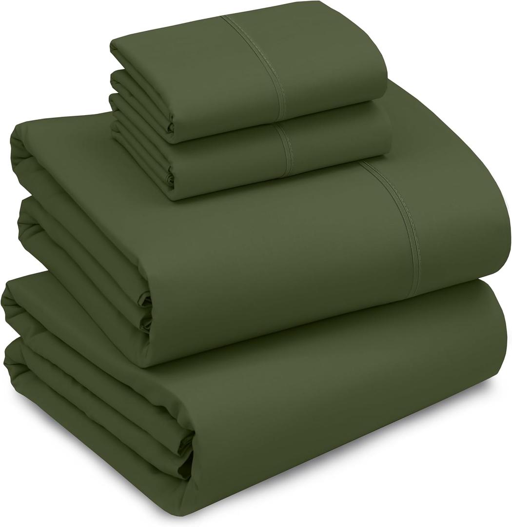 RUVANTI 100% Cotton Sheets Queen Size Percale Bedding, Cooling & Breathable, Durable with a Crisp, Soft & Comfortable Feel, 16" Deep Pocket, 4-Piece Set, Chive