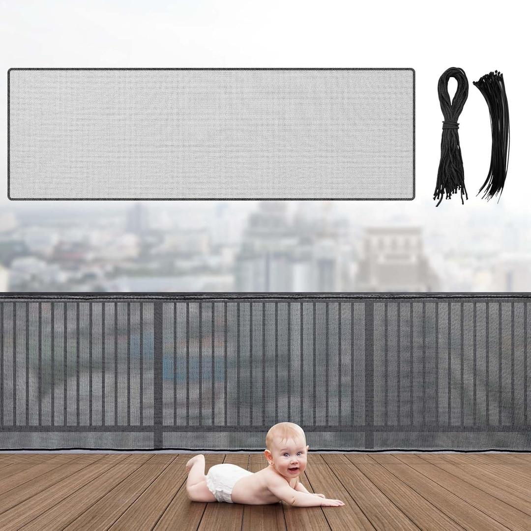 Hosuly Banister Guard 30 x 3 ft Balcony Netting for Kids Pets Stairway Safety Net Baby Fence Door Balcony Netting Safety Mesh Stair Net with No Drilling for Apartment Railing(Black)
