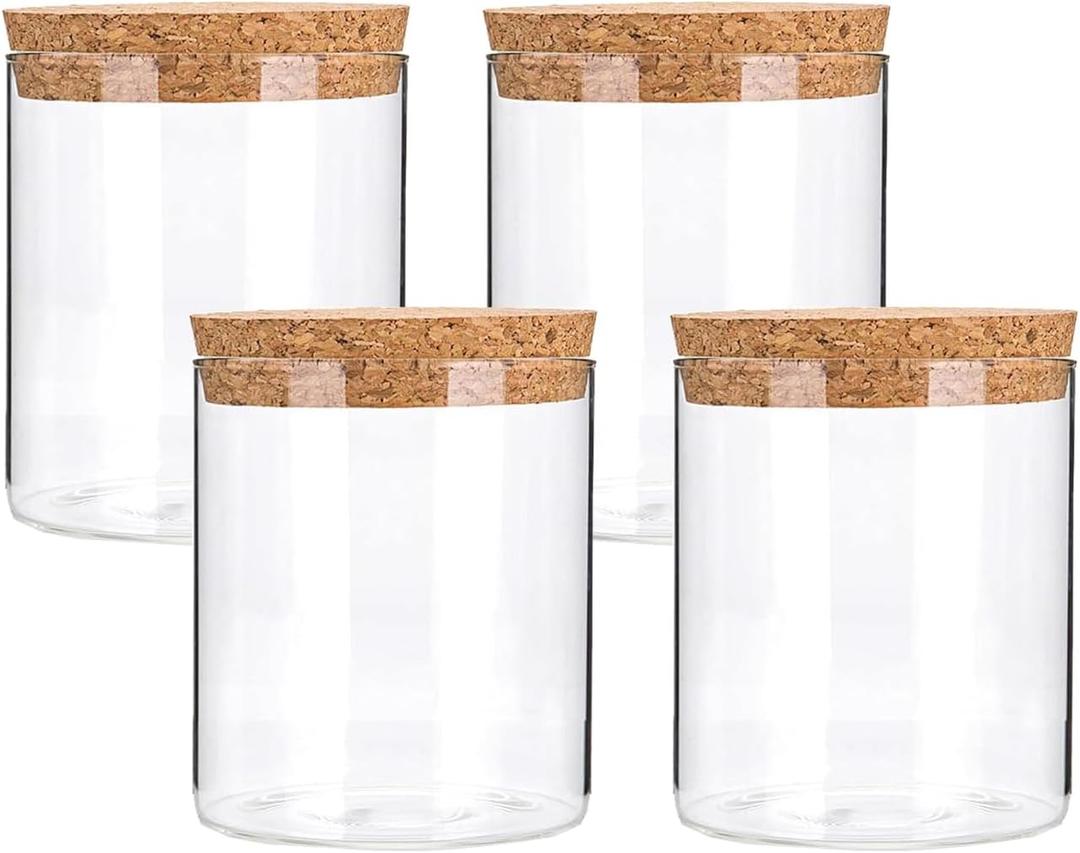 Airtight Glass Storage Containers with cork Lid, for Kitchen Pantry Organization and Storage jarIdeal for Coffee Beans Snacks Flour Cereal Sugar Tea 16oz. (Circular 3.9 * 3.3in*4pcs)