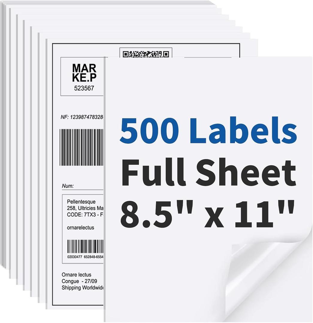 500 Sheets Sticker Paper Matte White, 8.5" x 11" Label Paper for Laser & Inkjet Printer, Full Sheet Label for Shipping Address Mailing