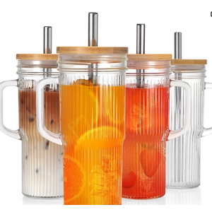 LUXULISH 24Oz Ribbed Glass Tumblers with Lids and Straws, Glass Tumbler with Handle, Vintage Glass Cups Thick Drinking Glasses Set of 4, Ideal for Iced Coffee, Smoothies, Cocktails, Tea and Juices