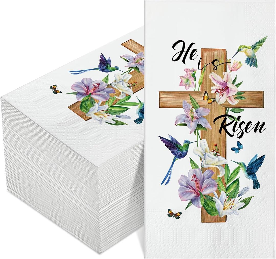 Pasimy 100 Pcs He Is Risen Napkins Bulk Spring Easter Dinner Napkins Jesus Cross Paper Napkin Happy Easter Decorative Towels with Cross for Religious Egg Hunt Resurrection Decoration Supplies
