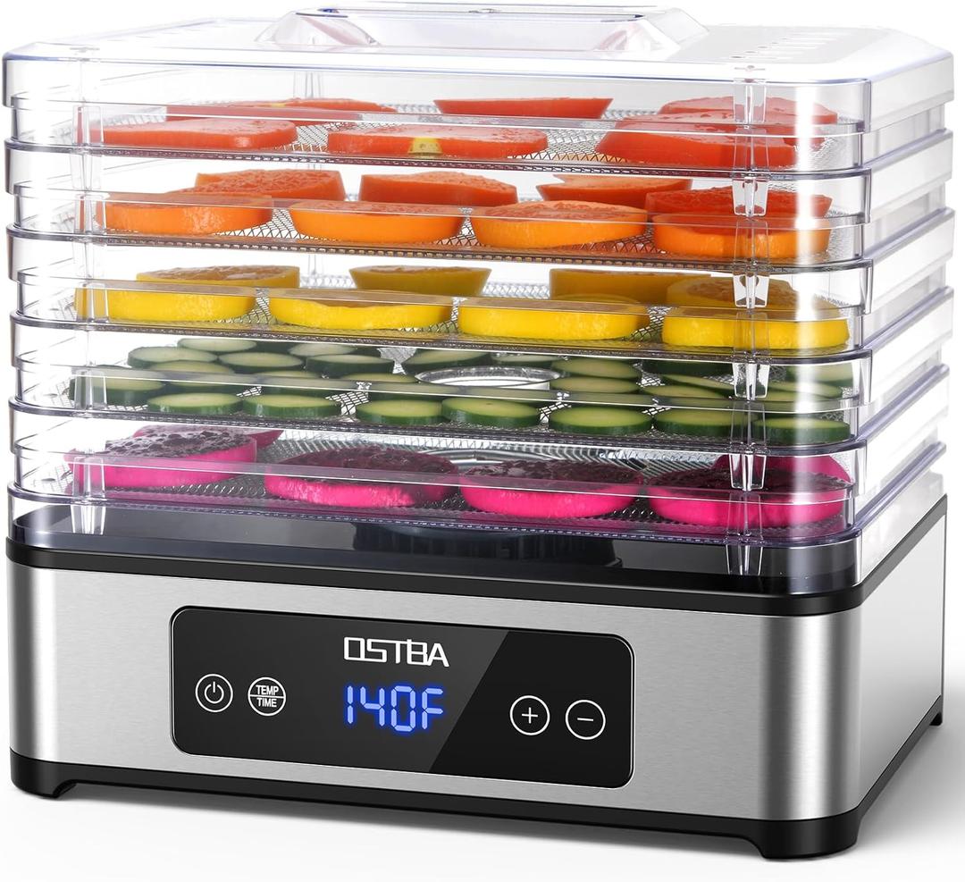 OSTBA Food Dehydrator with 5 Stainless Steel Trays, 400W Food Dryer Machine, 48H Timer & Temp Control 160F Max, 360 Airflow, BPA-Free, Quiet Operation, Recipes for Jerky, Fruit, Herbs, Pet Treats