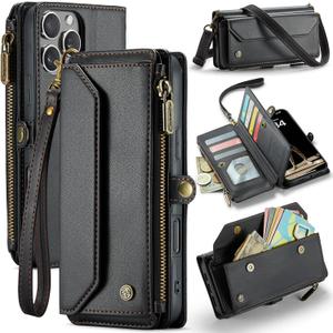 for iPhone 16 Pro Max Case, Women Men Multi-Function Wallet Case with Stand RFID Blocking Featuring Magnetic Closure Zipper Includes Shoulder Strap Wrist Strap (Black)