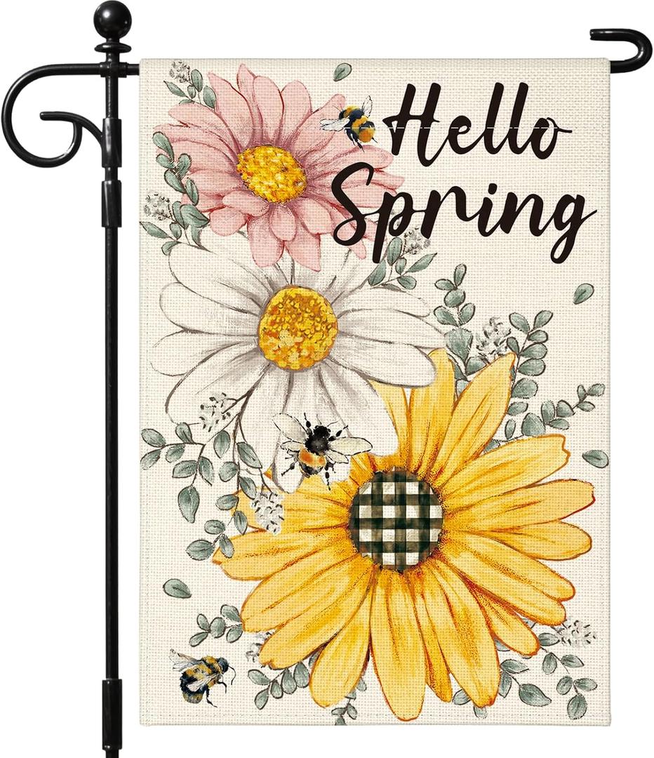 Artscope Spring Flowers Garden Flag 12x18 Inch Double Sided for Outside, Hello Spring Sunflower Daisy Floral Garden Flag for Holiday Yard Outdoor Decoration