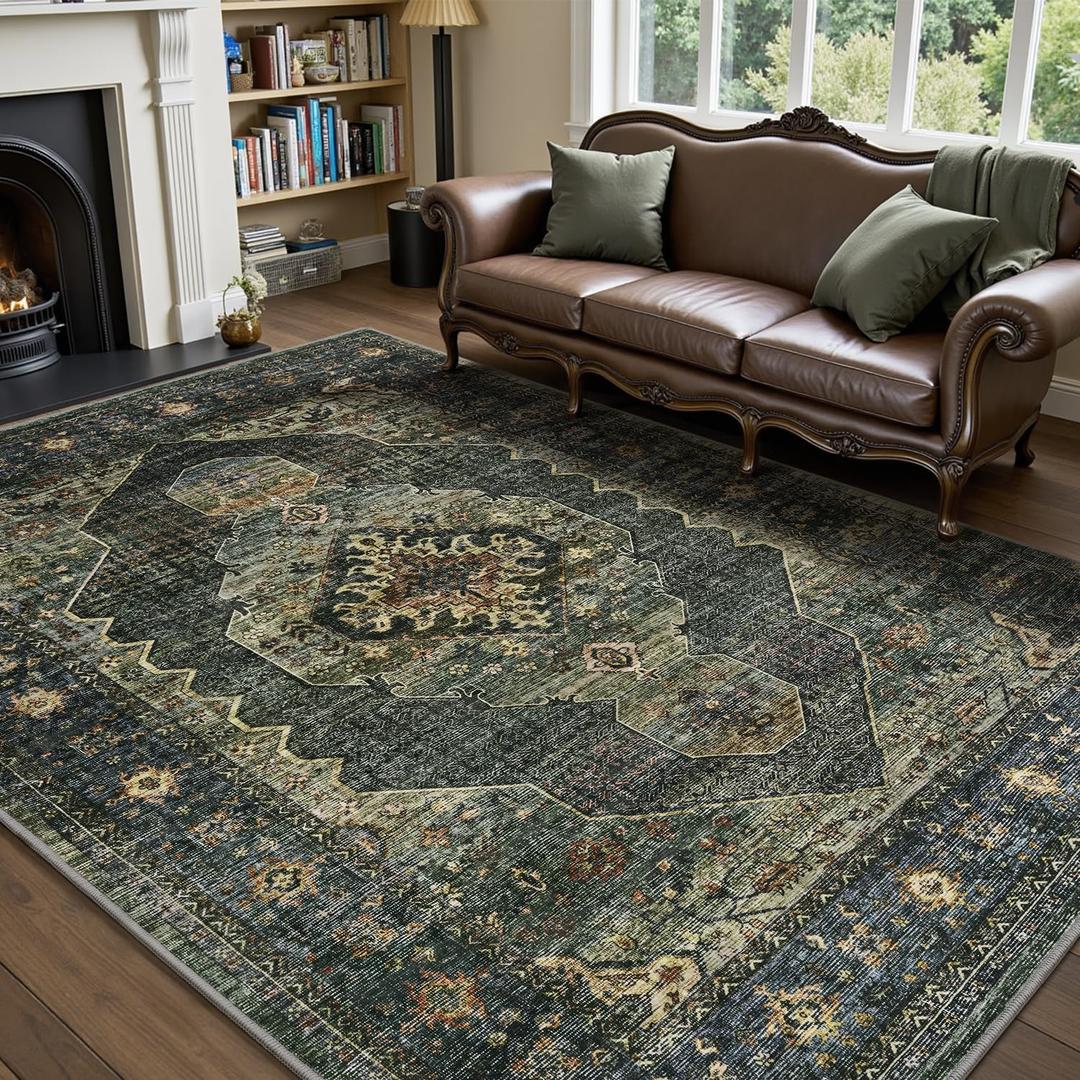 Olive Green 8x10 Area Rugs for Living Room Bedroom Rug Washable Vintage Neutral Farmhouse Rug Carpet Dining Room Rugs Office Retro Oriental Easy Clean Non Slip Large