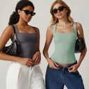 QINSEN Women's Square Neck Sleeveless Double-Layer Tank Tops Basic Tight T Shirts (Green, L)